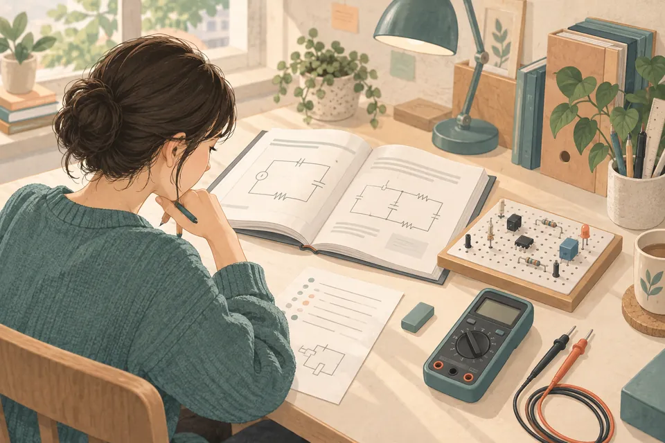 기초 기술 교재, 연습용 회로 기판과 측정 도구를 놓은 학습 책상